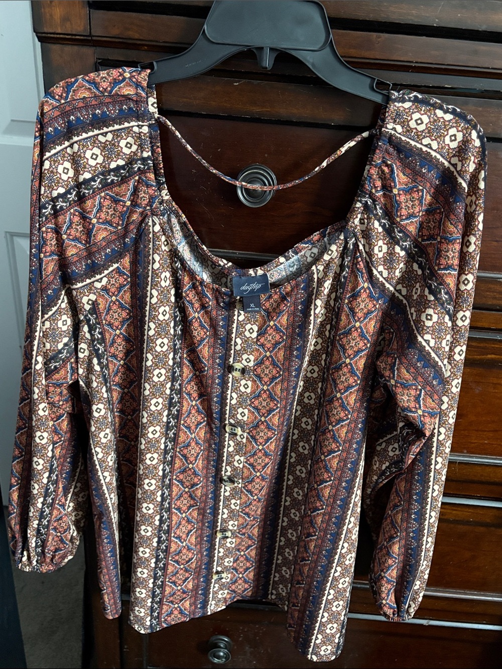 Daytrip Brown Multi Floral Stripe Peasant Blouse